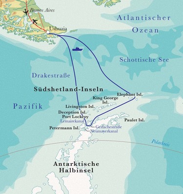Route Rundreise Antarktis, 17 oder 18 Tage Route Rundreise Antarktis, 17 oder 18 Tage