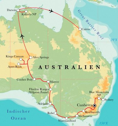Route Rundreise Australien, 28 Tage Route Rundreise Australien, 28 Tage