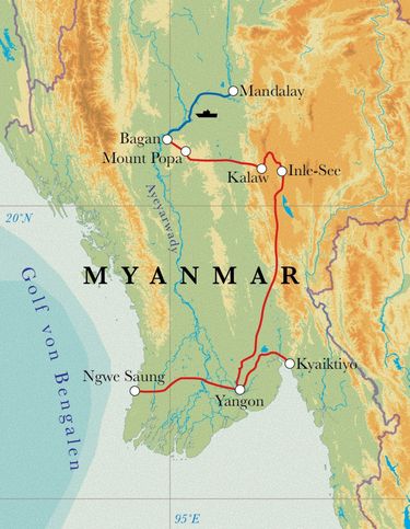 Route Rundreise Myanmar, 17 Tage Route Rundreise Myanmar, 17 Tage