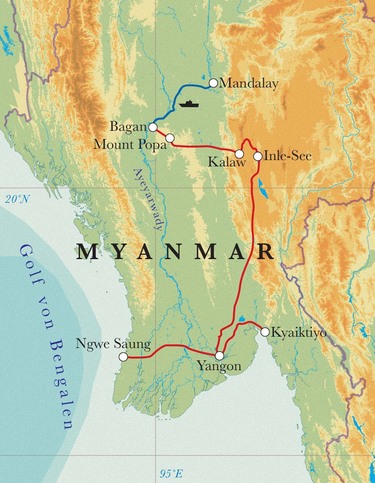 Route Rundreise Myanmar, 21 Tage Route Rundreise Myanmar, 21 Tage