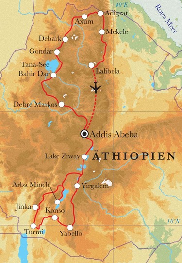 Route Rundreise Äthiopien, 22 Tage Route Rundreise Äthiopien, 22 Tage