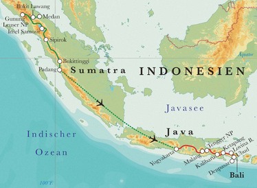 Route Rundreise Indonesien: Sumatra, Java & Bali, 24 Tage Route Rundreise Indonesien: Sumatra, Java & Bali, 24 Tage