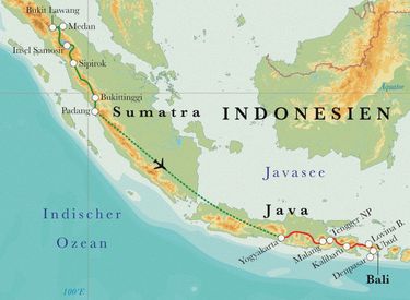 Route Rundreise Indonesien: Sumatra, Java & Bali, 24 Tage Route Rundreise Indonesien: Sumatra, Java & Bali, 24 Tage