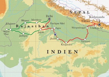 Route Rundreise Nordindien & Nepal, 23 Tage Route Rundreise Nordindien & Nepal, 23 Tage