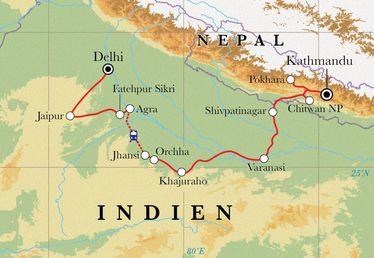 Route Rundreise Nordindien & Nepal, 23 Tage Route Rundreise Nordindien & Nepal, 23 Tage