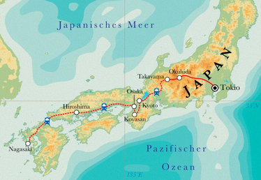 Route Rundreise Japan, 21 Tage Route Rundreise Japan, 21 Tage