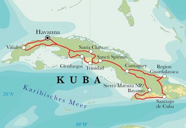 Route Rundreise Kuba, 20 Tage Route Rundreise Kuba, 20 Tage