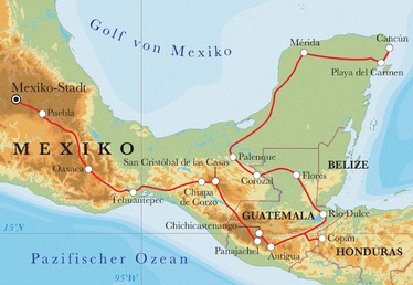 Route Rundreise Mexiko & Guatemala mit Honduras, 24 Tage Route Rundreise Mexiko & Guatemala mit Honduras, 24 Tage