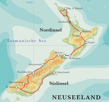 Route Rundreise Neuseeland, 25 Tage Route Rundreise Neuseeland, 25 Tage