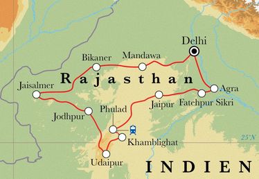 Route Rundreise Rajasthan, 17 Tage Route Rundreise Rajasthan, 17 Tage