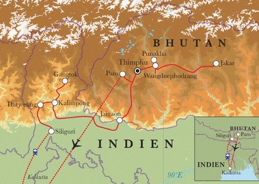 Route Rundreise Bhutan & Sikkim, 20/21 Tage Route Rundreise Bhutan & Sikkim, 20/21 Tage