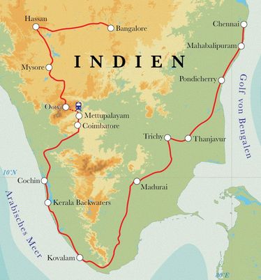Route Rundreise Südindien, 22 Tage Route Rundreise Südindien, 22 Tage