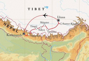 Route Rundreise Tibet & Nepal, 20 Tage Route Rundreise Tibet & Nepal, 20 Tage
