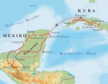 Route Rundreise Kuba & Yucatán, 22 Tage Route Rundreise Kuba & Yucatán, 22 Tage