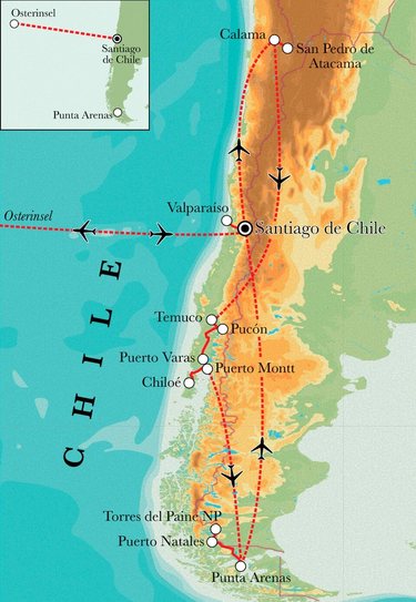 Route Rundreise Chile mit Osterinsel, 23 Tage Route Rundreise Chile mit Osterinsel, 23 Tage