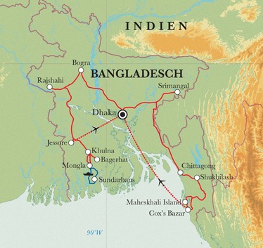 Route Rundreise Bangladesch, 19 Tage Route Rundreise Bangladesch, 19 Tage