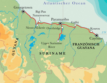 Route Rundreise Die drei Guayanas, 18 Tage Route Rundreise Die drei Guayanas, 18 Tage