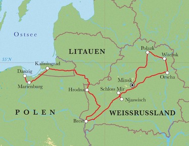 Route Rundreise Weißrussland, Kaliningrad & Polen, 12 Tage Route Rundreise Weißrussland, Kaliningrad & Polen, 12 Tage