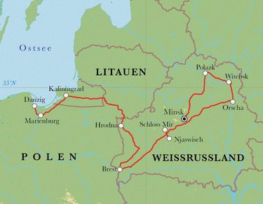 Route Rundreise Weißrussland, Kaliningrad & Polen, 12 Tage Route Rundreise Weißrussland, Kaliningrad & Polen, 12 Tage