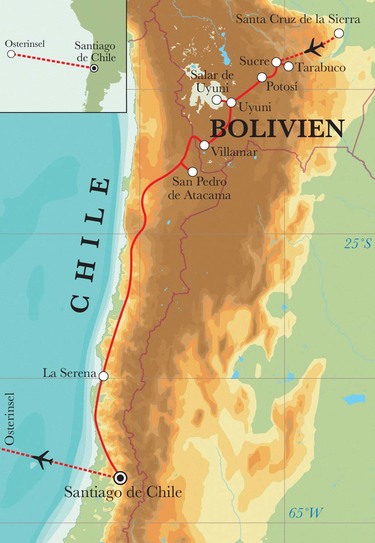Route Rundreise Bolivien, Chile & Osterinsel, 23 Tage Route Rundreise Bolivien, Chile & Osterinsel, 23 Tage