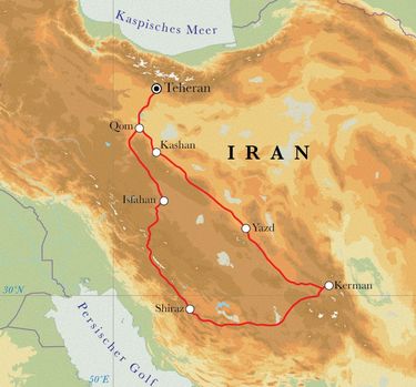 Route Rundreise Iran, 14 Tage Route Rundreise Iran, 14 Tage