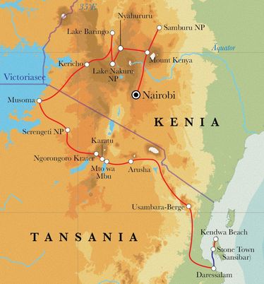 Route Rundreise Kenia, Tansania & Sansibar, 21/22 Tage Zeltsafari Route Rundreise Kenia, Tansania & Sansibar, 21/22 Tage Zeltsafari