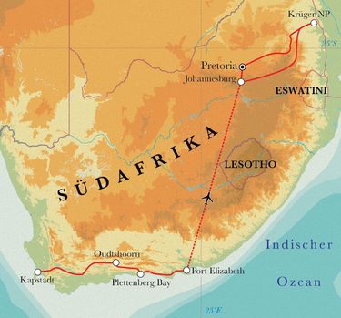 Route Rundreise Südafrika, 15 Tage Route Rundreise Südafrika, 15 Tage