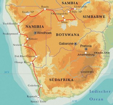 Route Rundreise Südafrika, Namibia, Botswana & Simbabwe, 24 Tage Zeltsafari Route Rundreise Südafrika, Namibia, Botswana & Simbabwe, 24 Tage Zeltsafari