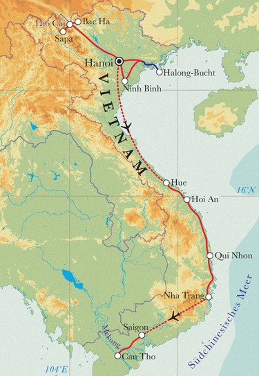 Route Rundreise Vietnam, 22 Tage Route Rundreise Vietnam, 22 Tage