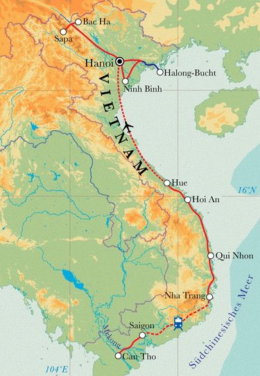 Route Rundreise Vietnam, 22 Tage Route Rundreise Vietnam, 22 Tage