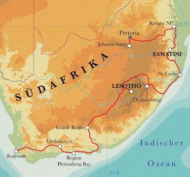 Route Rundreise Südafrika, Lesotho & Eswatini (Swasiland), 22 Tage Route Rundreise Südafrika, Lesotho & Eswatini (Swasiland), 22 Tage
