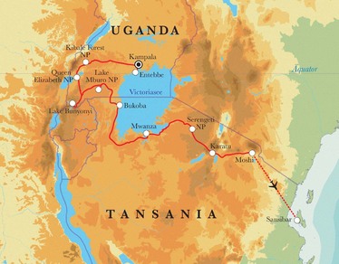 Route Rundreise Uganda, Tansania & Sansibar, 23 Tage Route Rundreise Uganda, Tansania & Sansibar, 23 Tage