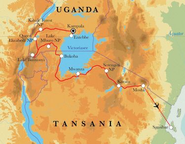 Route Rundreise Uganda, Tansania & Sansibar, 22 Tage Route Rundreise Uganda, Tansania & Sansibar, 22 Tage