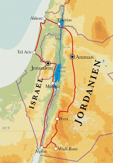 Route Rundreise Israel & Jordanien, 15 Tage Route Rundreise Israel & Jordanien, 15 Tage