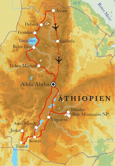 Route Rundreise Äthiopien, 24 Tage Route Rundreise Äthiopien, 24 Tage
