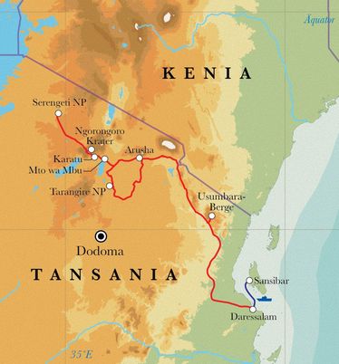 Route Rundreise Tansania & Sansibar, 15 Tage Lodge- & Zeltsafari Route Rundreise Tansania & Sansibar, 15 Tage Lodge- & Zeltsafari