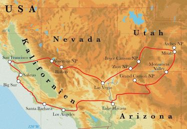 Route Rundreise USA - der Westen, 22 Tage Zelt- und Hotelreise Route Rundreise USA - der Westen, 22 Tage Zelt- und Hotelreise